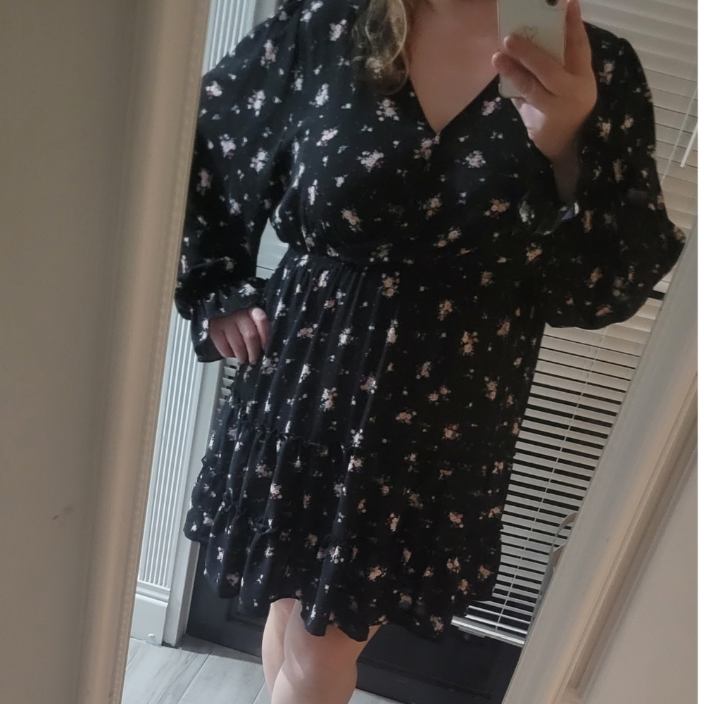 Inspired Hearts 3x Black Floral Chiffon Dress Flattering Cut Long Sleeved